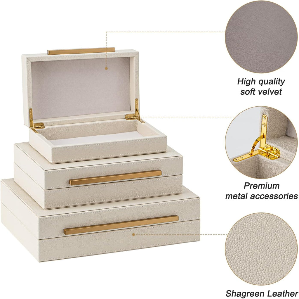 Faux Leather Large Modern Stackable Nesting Jewelry Box with Lids Organizer Beige Shagreen Decorative - Set of 3