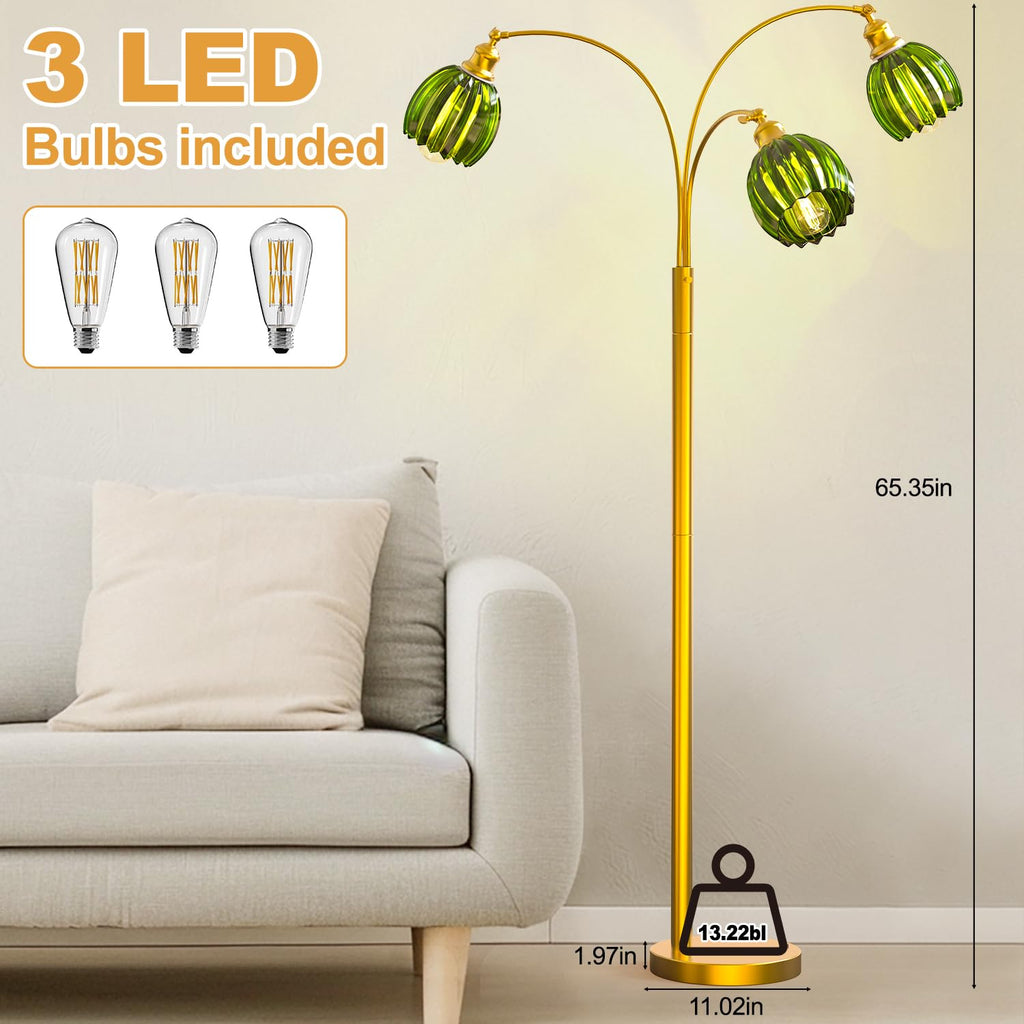 Arc Floor Lamps, Gold Dimmable Floor Lamp with Green Flower Glass Shades and 3 Brightness Lights, Adjustable Arm