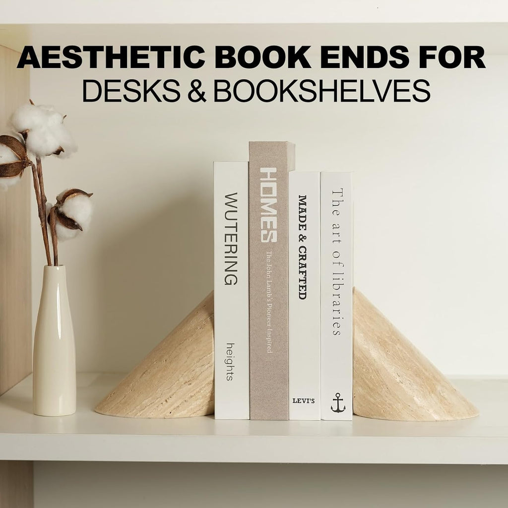 Natural Marble Bookends for Shelves, Travertine Decorative Book Ends for Heavy Books, Heavy Duty Stone Book Holders