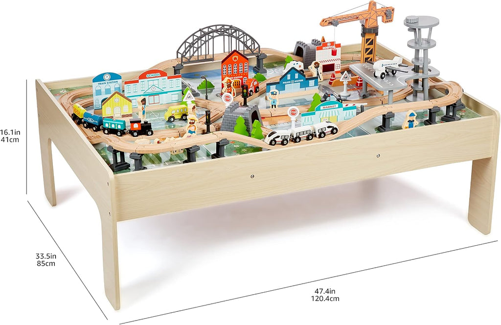 120 Piece Wooden Train Set with Activity Table, Sturdy Tracks, Storage Bin, Easy to Assemble, Kids Gift for Age 3Y+
