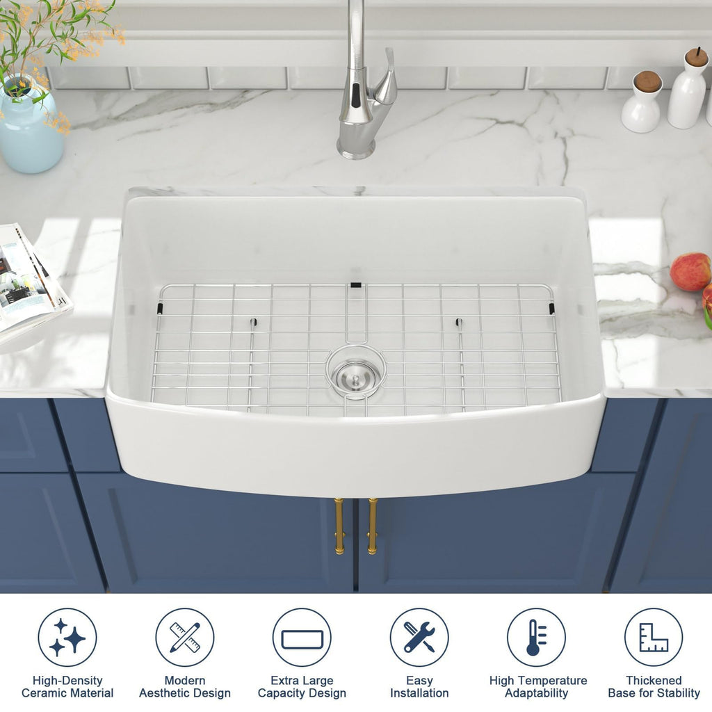 33x19x10 Inch White Farmhouse Kitchen Sinks Apron Front Flat Fireclay Porcelain Ceramic Farmers Single Bowl Farmer