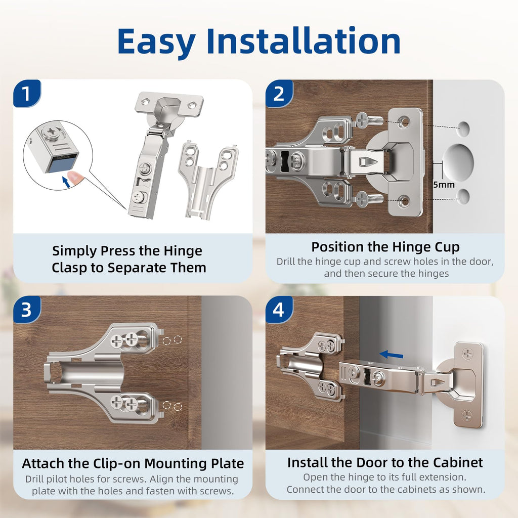 30 Pack 3/4" Full Overlay Soft Close Concealed Hinge for Face Frame & Frameless Door, 3D Adjustment, Clip-on Plate