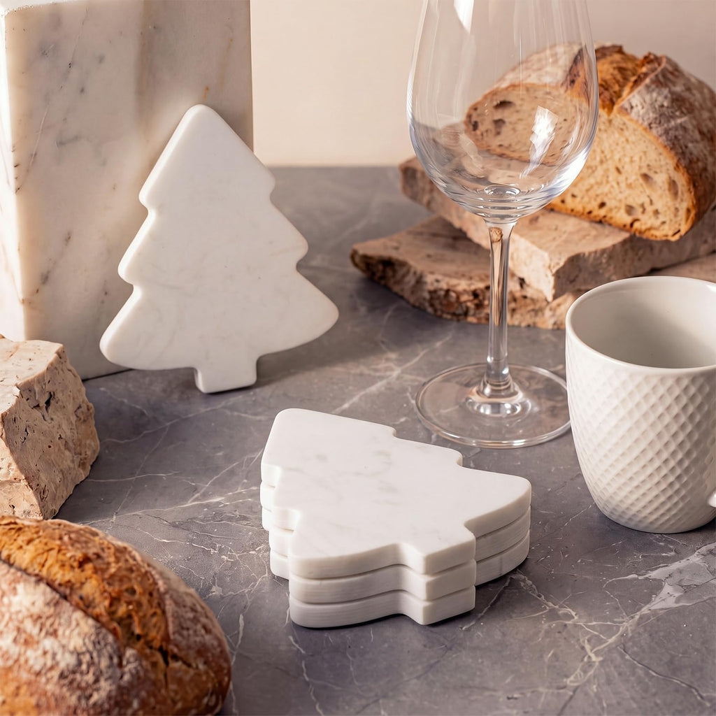 4pcs Marble Coasters Christmas Trees White Coasters 4.7" x 3.9"
