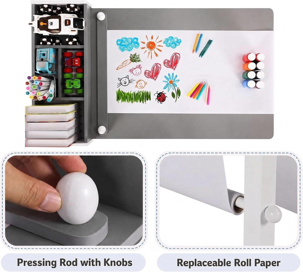 Kids Art Table & 2 Chairs Set, Wooden Activity Craft Desk w/ Paper Roll