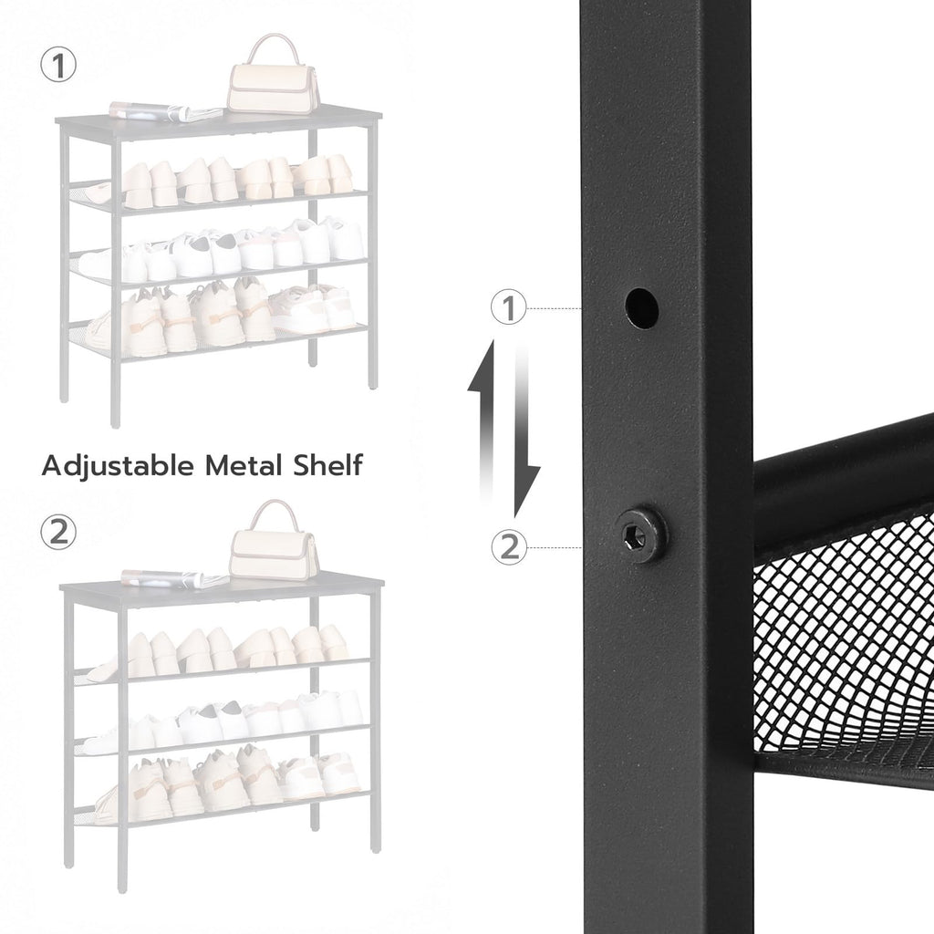Shoe Rack, 4-Tier Shoe Organizer with Adjustable Mesh Shelves, 12-16 Pairs of Shoes, Spacious Floor Mount, Metal
