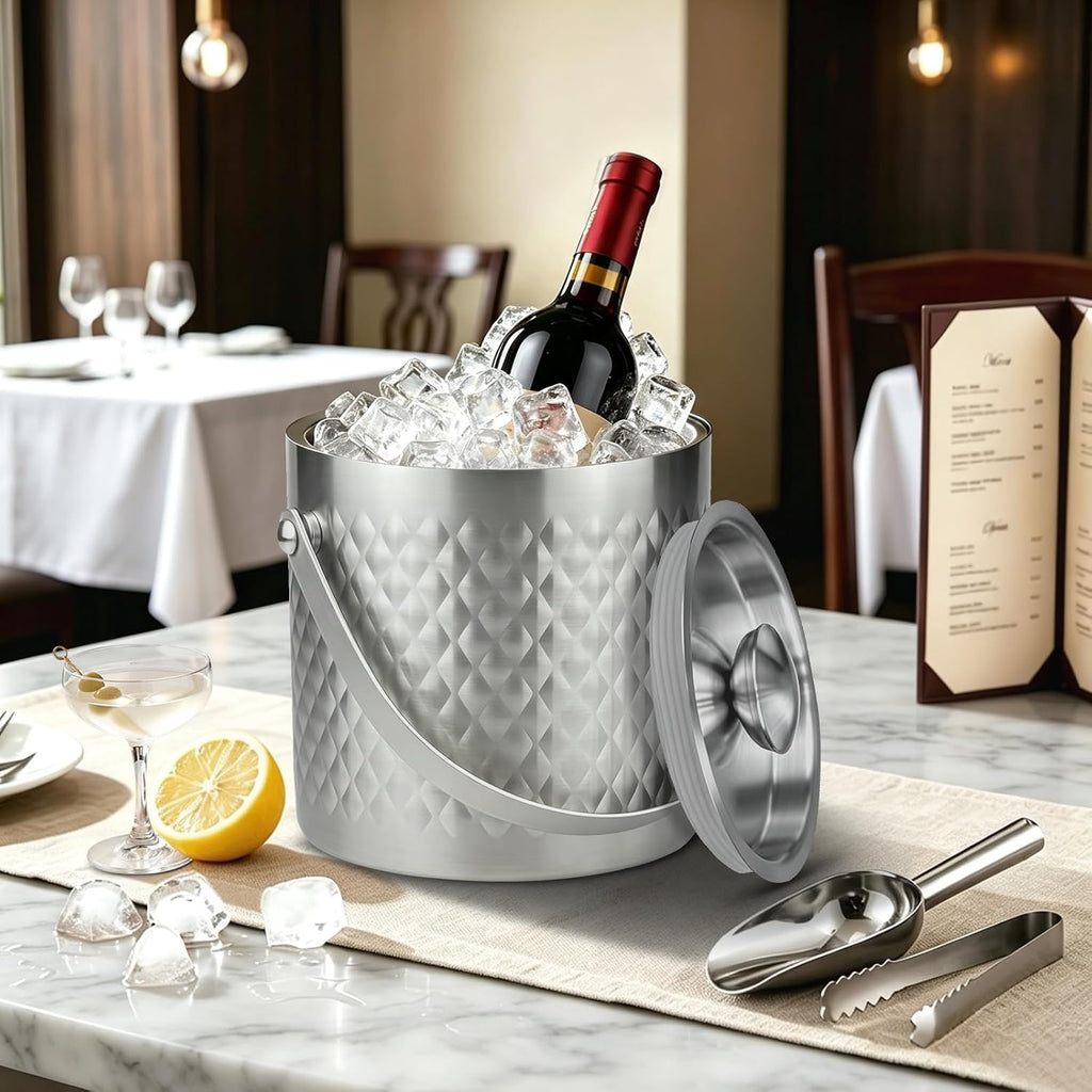 3.6 QT / 3.4L Stainless Steel Ice Bucket with Lid, Scoop & Tongs, Double Wall Insulated Ice Bucket for Parties
