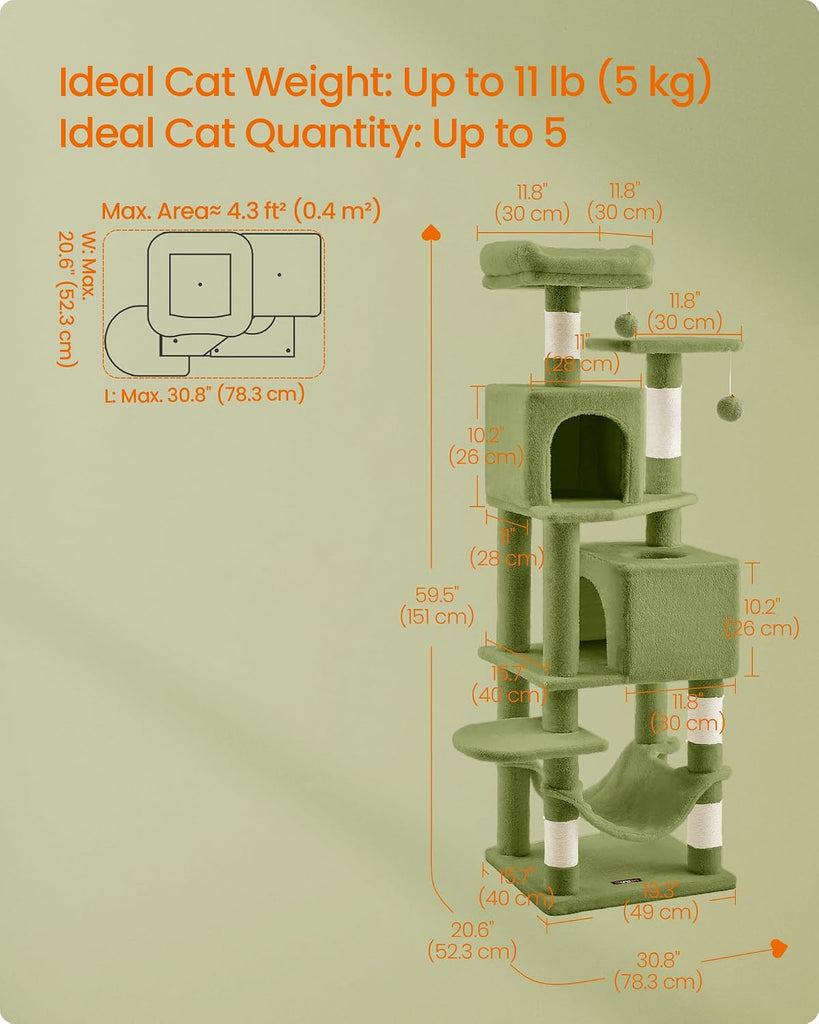 Cat Tree, 59.5-Inch Tall Cat Tower, Multi-Level Condo, Grass Green
