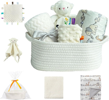 Baby Welcome Gift Set Storage Basket with 2 Blankets+ 1 Security Blanket + 1 Taggie + 1 Gift Bag with Ribbon (Ivory)