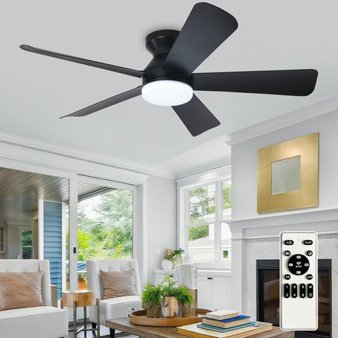 Modern Ceiling Fan with Light: 42-Inch Black Small Fans - Dimmable Low Profile Ceiling Fans with Remote Control Flush