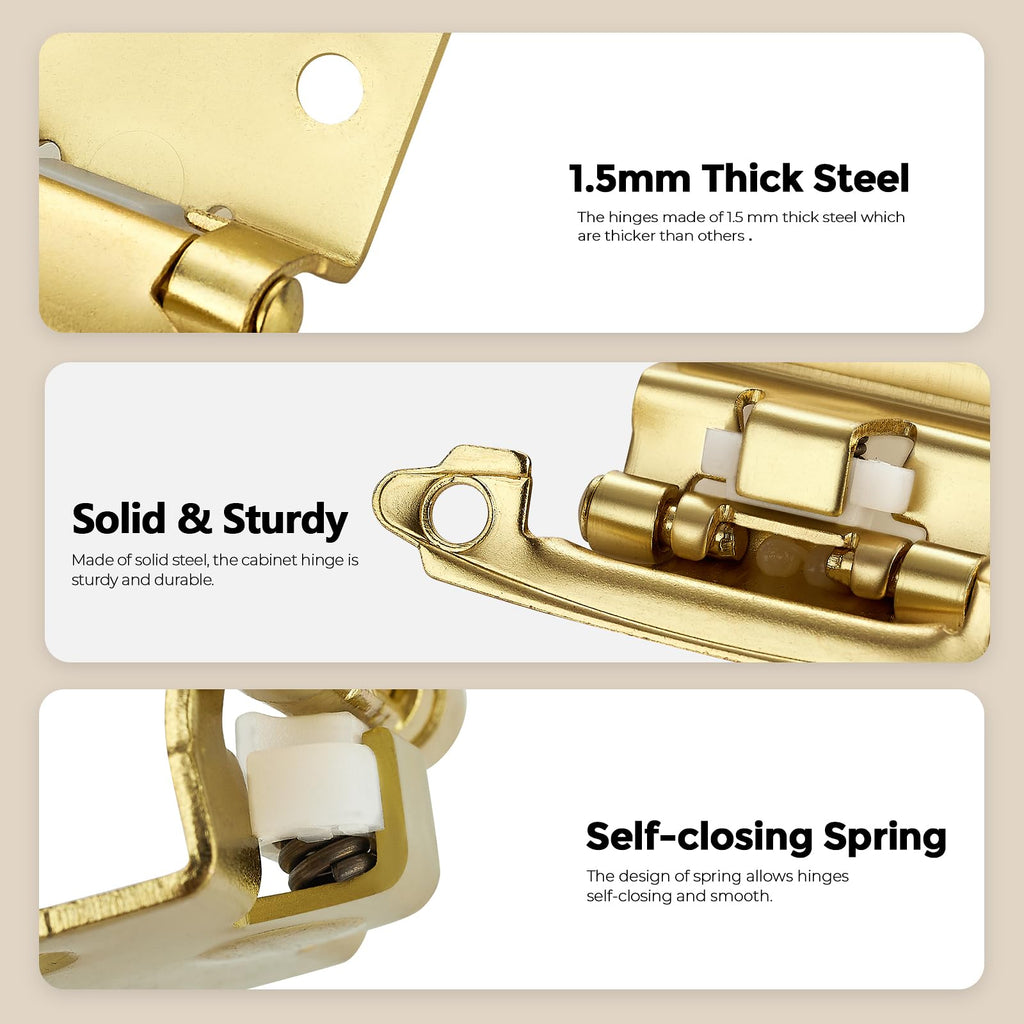 4 Pack 2 Pair Gold Cabinet Hinges, 1/2" Overlay Semi-Concealed Hinges