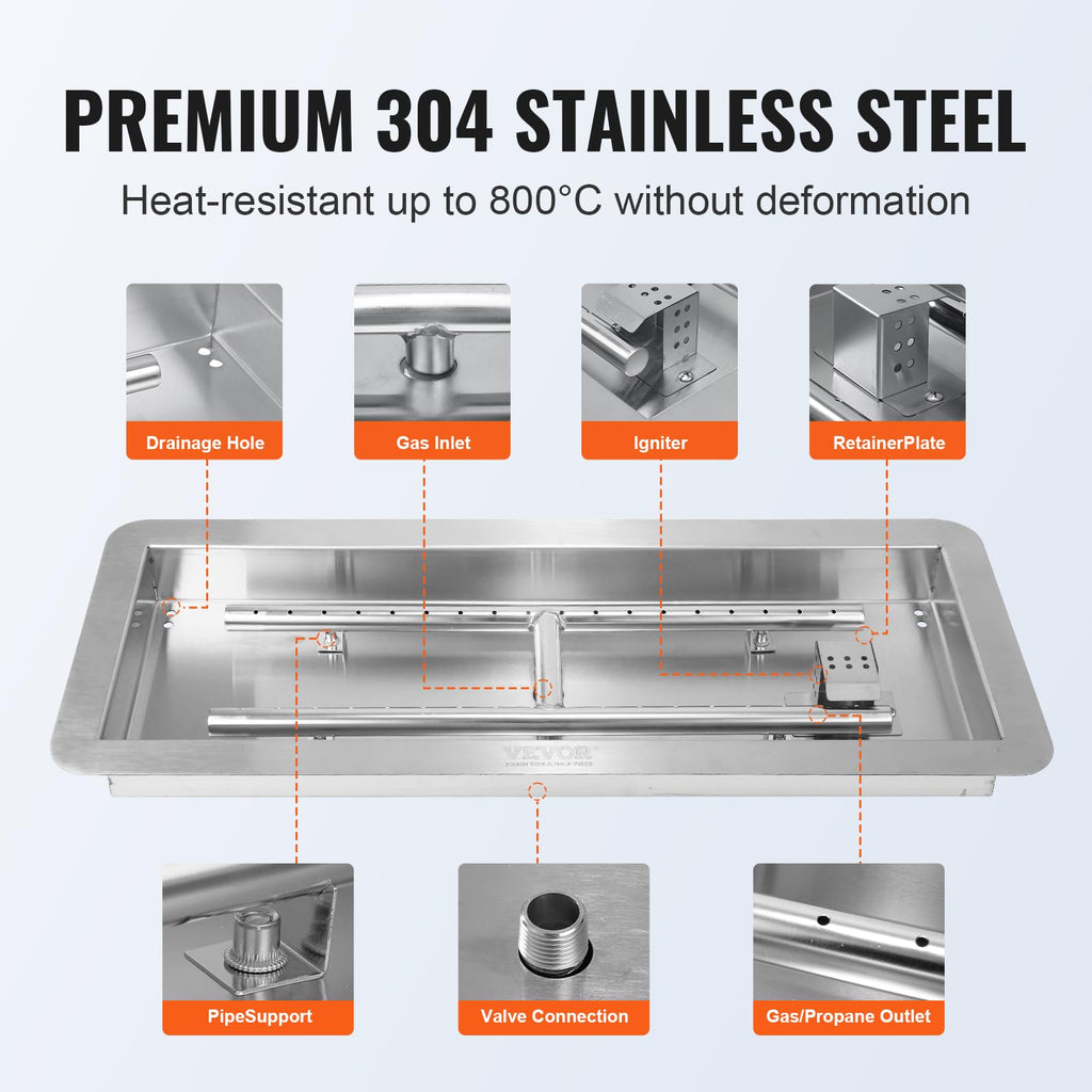 36 x 12 inch Drop-in Fire Pit Pan, Rectangular Stainless Steel Fire Pit Burner Kit, Propane Fire Pan 150, 000 BTU with