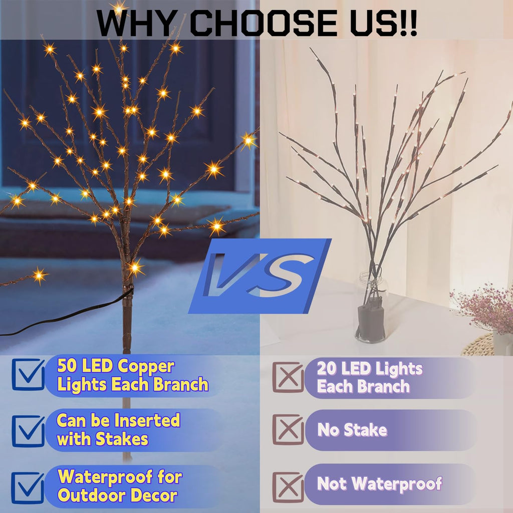 Lighted Christmas Tree Branches, 30IN Artificial Brown Twig Branch with Warm White Lights, Timer & Battery
