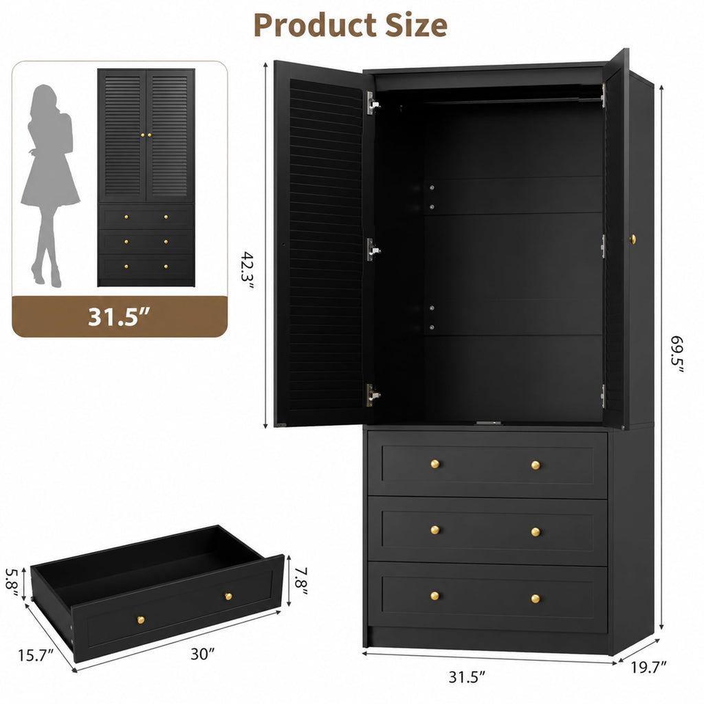 70" Wardrobe Armoire Wooden Closet with 2 Doors and 3 Drawers, Black