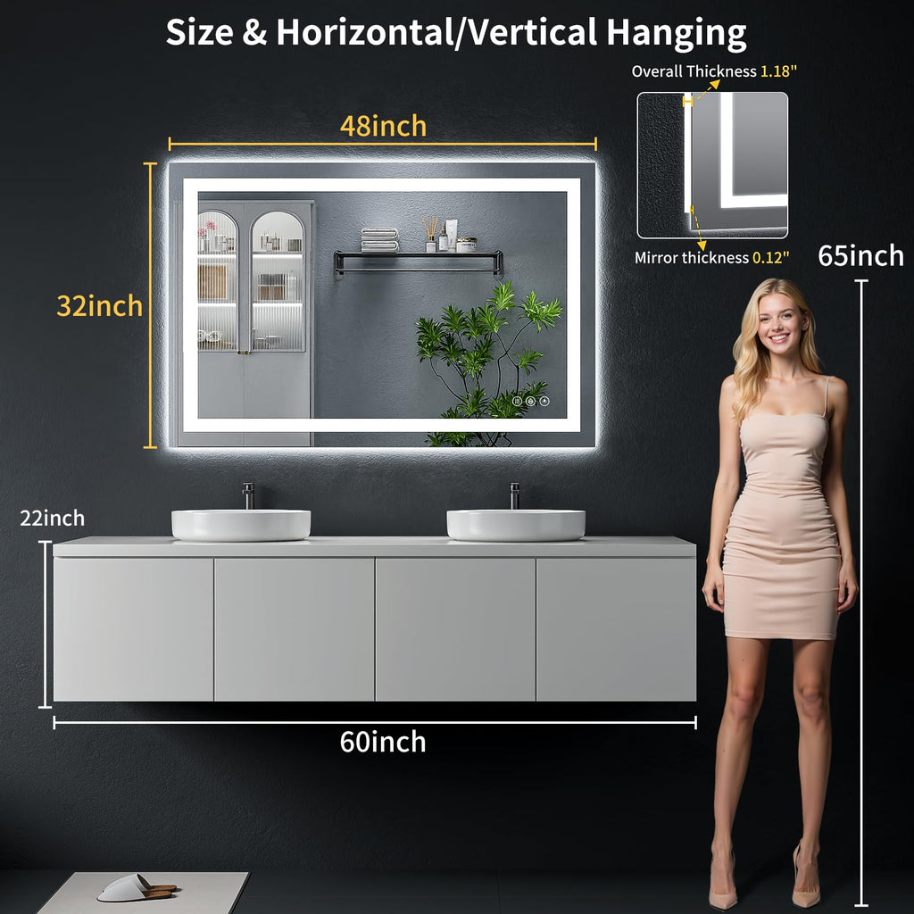 48"x32" LED Bathroom Mirror with Lights, Backlit+Frontlit, Anti-Fog