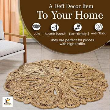 Jute Area Rug 4ft Round Natural Handwoven Rustic Boho Farmhouse Rug | 100% Jute Soft Braided Vintage Beige Reversible