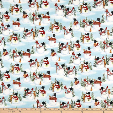 Glass Snow Days Snowmen & Animal Allover Blue Fabric