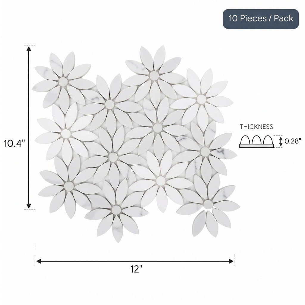 Daisy Flower Marble Mosaic Tile 10.4×12", White Shower Tile, Mesh Backing