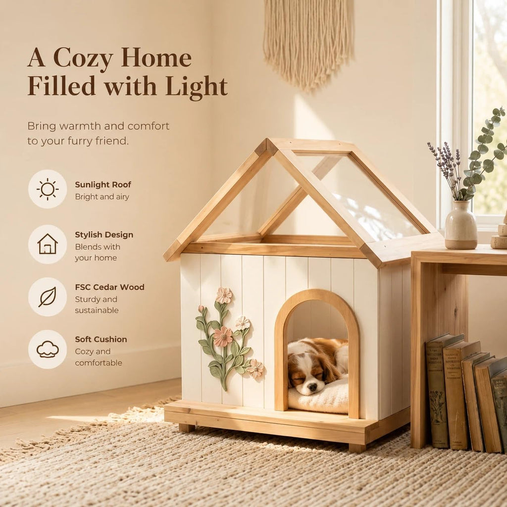 Indoor Dog House for Small Dogs, FSC Cedar Wood Dog House, Transparent Sunlit Roof, Handcrafted Flower Carvings