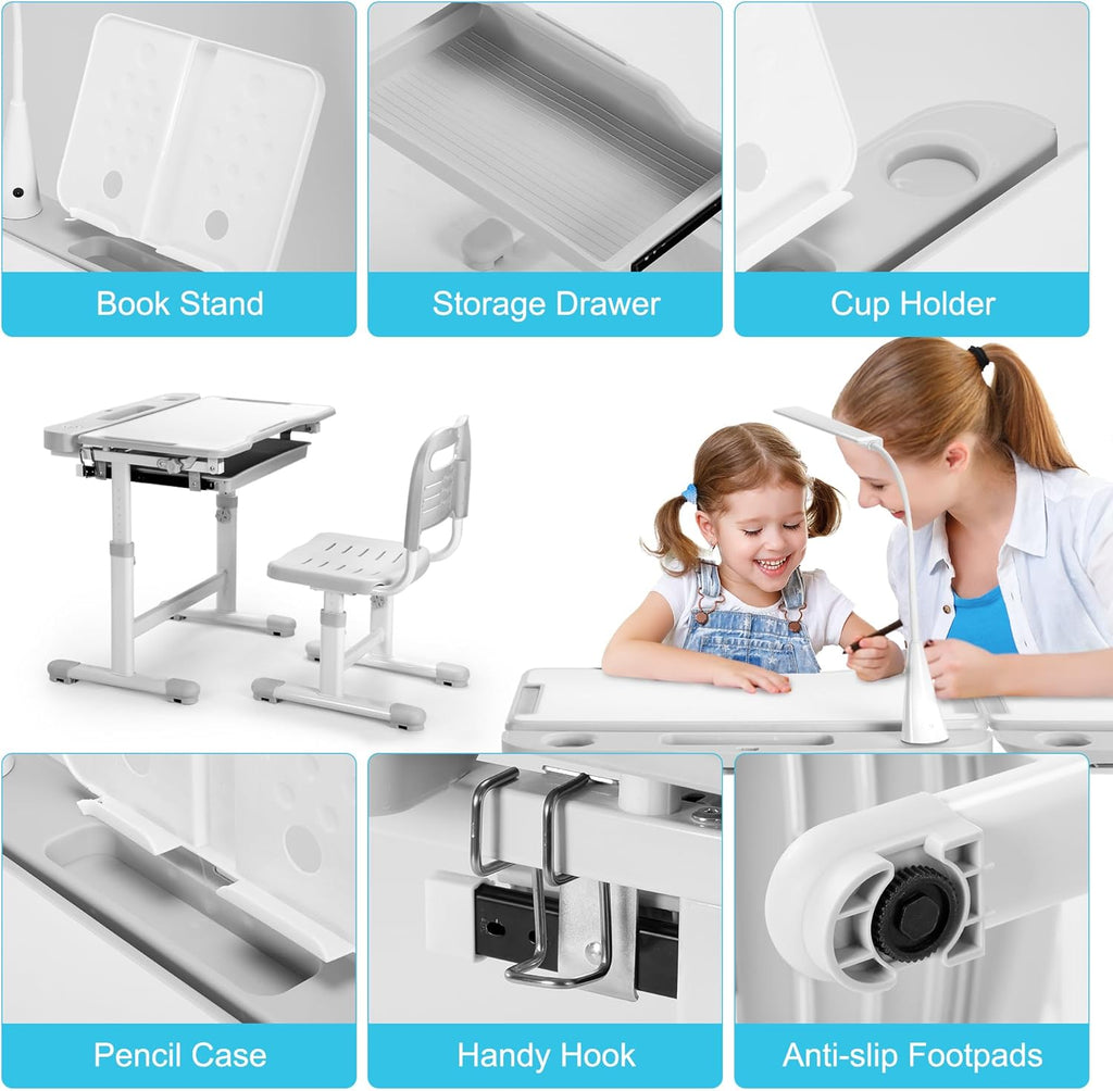 Kids Desk and Chair Set, Height Adjustable Children School Functional Study Desk with 55° Tiltable Desktop, 3 Modes &