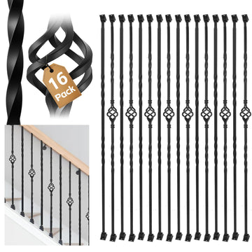 16 Pack Iron Balusters W/ 32 Pack Baluster Shoes, 1/2" x 44" Baluster