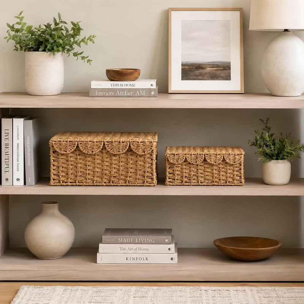Set of 2 Scalloped Wicker Baskets with Lid,Paper Rope Decorative Storage Baskets for Shelves, Display Shelf, Handmade