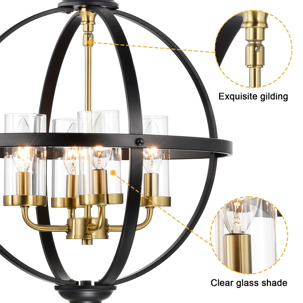 Rustic Chandelier, 17" Black and Gold Finish Glass Cover Luxurious Hanging Light, 4-Light Globe Vintage Pendant