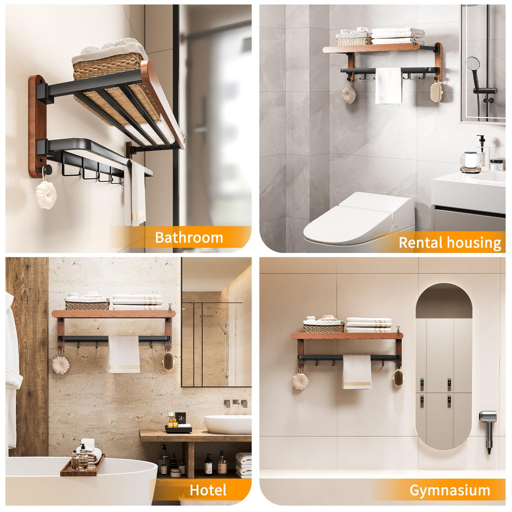 Towel Rack Holder 3-Tier Solid Wood with Shelf, Foldable Wall Mount, 24in Thickened Tube Holds 30lbs, 7 Hooks
