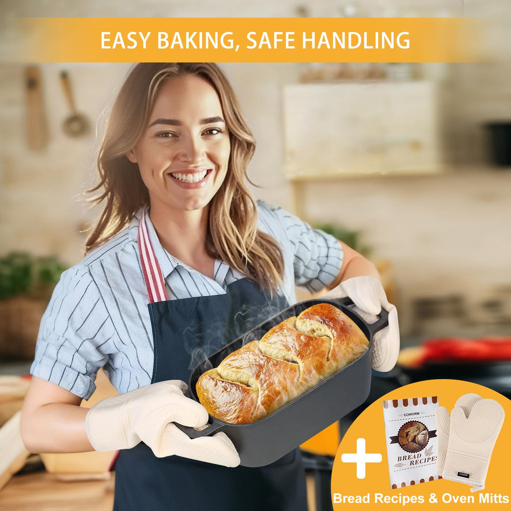 3.6 QT Cast Iron Loaf Bread Pan with Lid, Oval Dutch Oven for Bread Baking