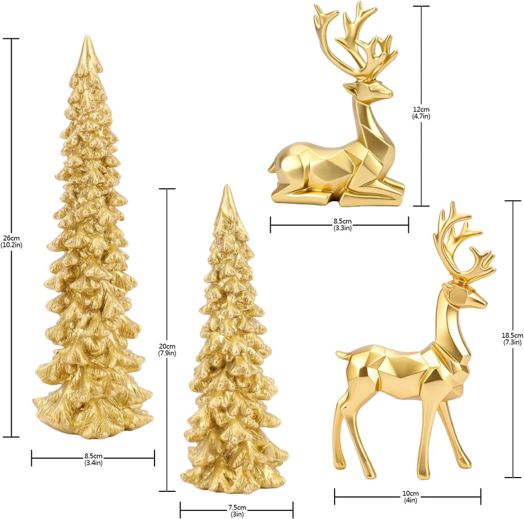 Gold Christmas Table Decoration Set of 4, 2 Xmas Tree & 2 Reindeer