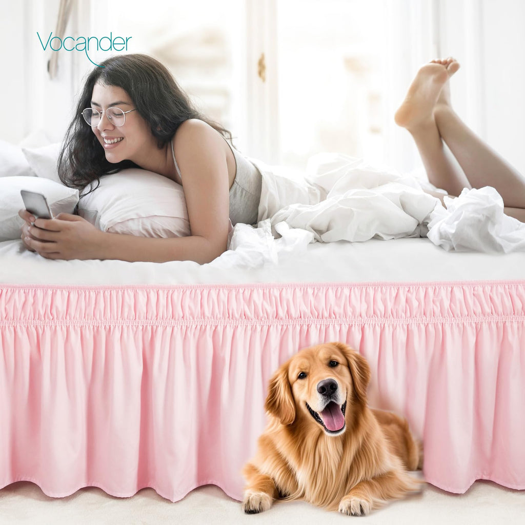 Pink Queen Bed Skirt 14 Inch Drop, Elastic Wrap Dust Ruffle
