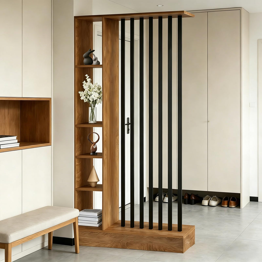 Room Divider with Shelves, Wall Room Divider with Storage Shelf, Easy to Assemble, Suitable Decoration (A Golden Oak