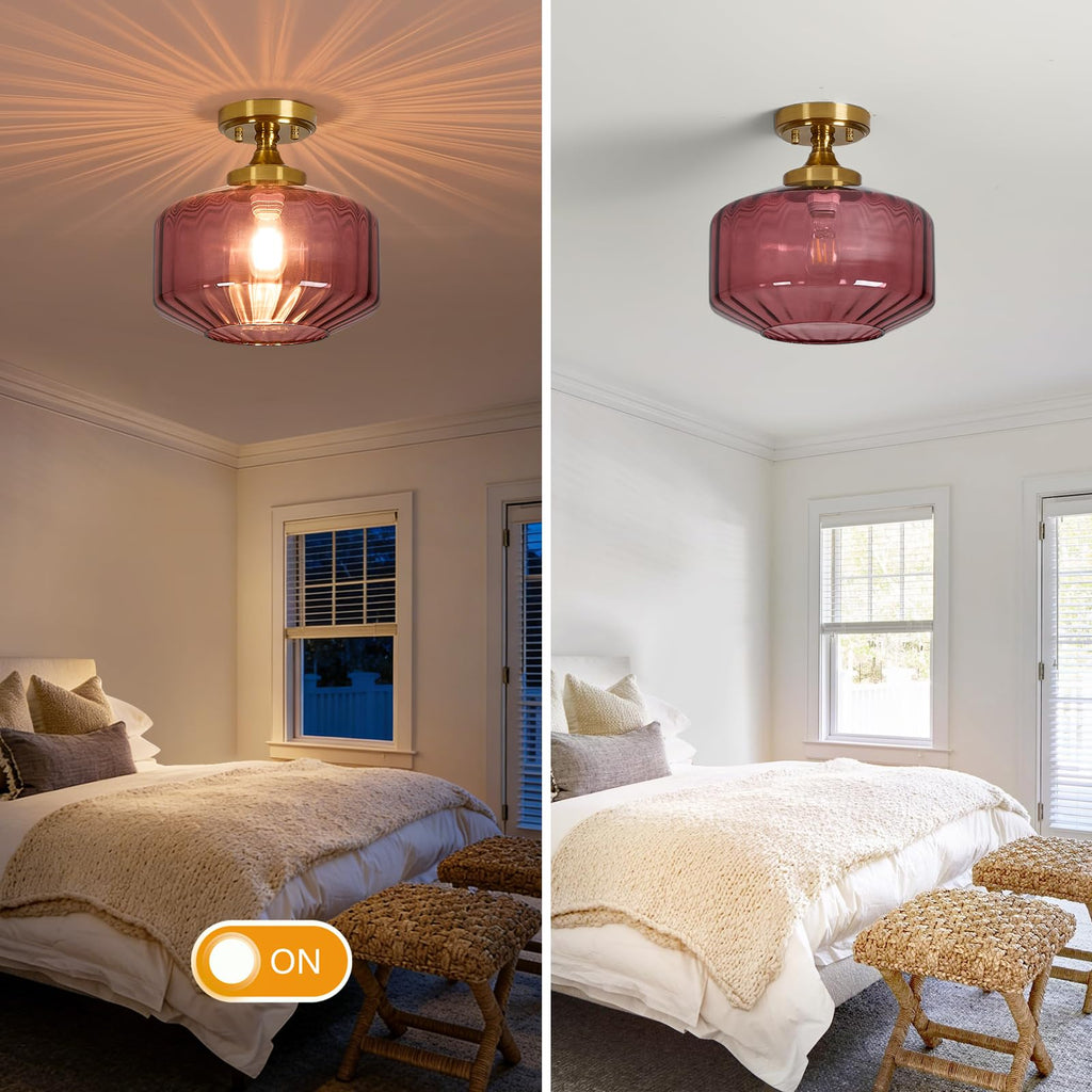 Glass Semi Flush Ceiling Light: 11" Gold Red Vintage Mid Century Chandelier