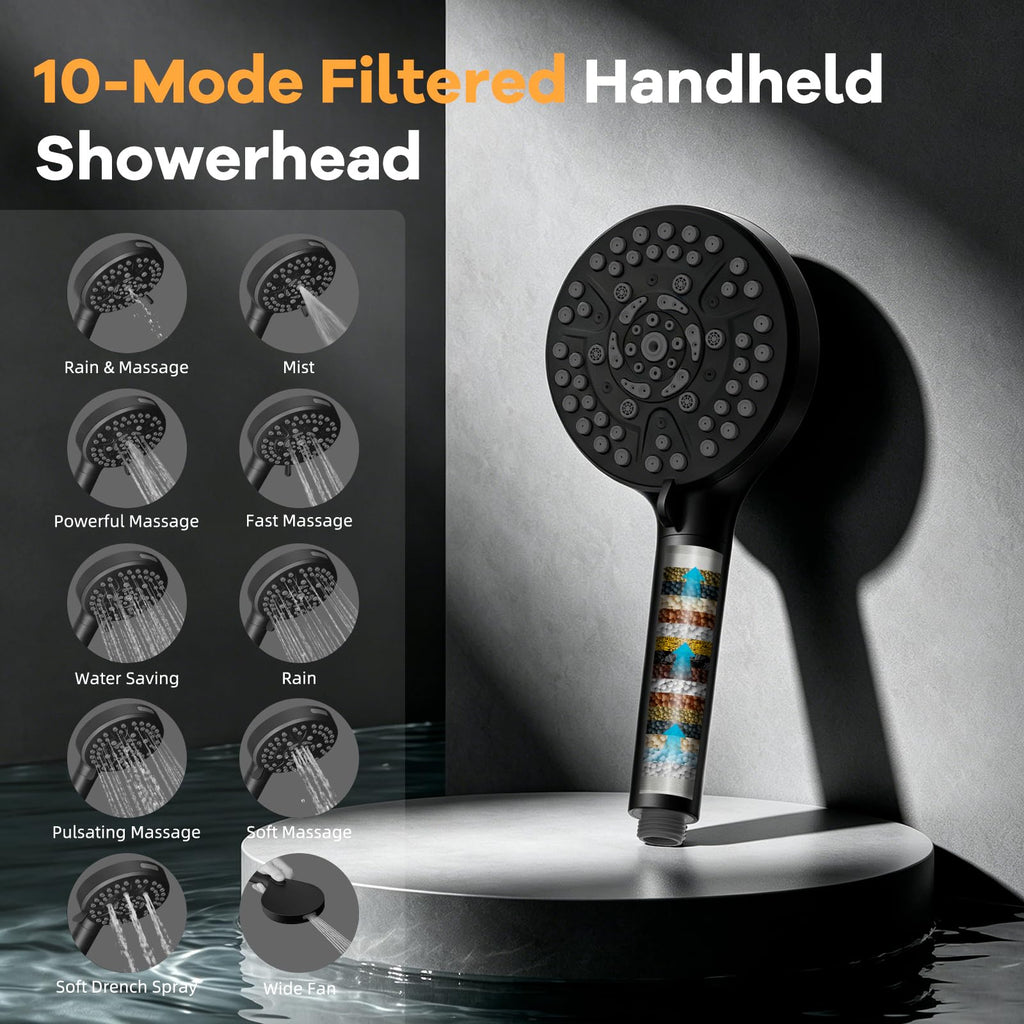 13" Filtered Shower Head & Filtered 10-Mode Handheld Combo, Black