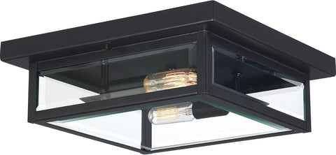 Westover 12" Outdoor Flush Mount Ceiling Light, 2-Light Earth Black with Clear Beveled Glass, E12 Base, ETL Damp Rated