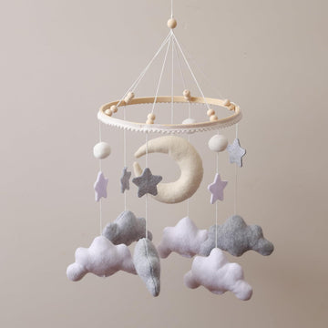 Nordic Boho Baby Crib Bell - Moon & Stars Felt Nursery Decor, Neutral Minimalist Baby Room Hanging Ornament, Modern