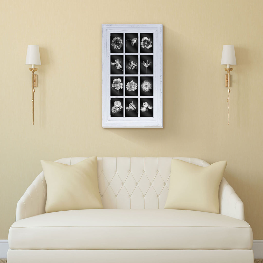 Collage Picture Frame for Wall, Holds 12 4x6 Photos, Distressed White Wood and Glass, Horizontal or Vertical Hanging