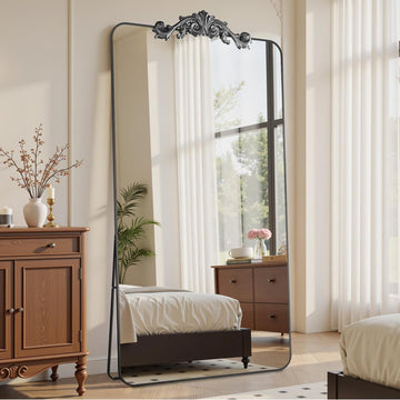 Vintage Full Length Mirror, 81x41 Inch, Carved Floral Top, Black