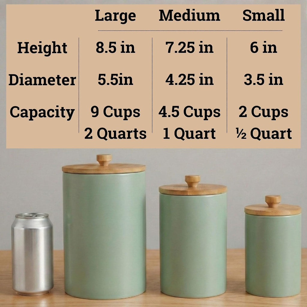 Ceramic Kitchen Canisters for Countertop w/ Airtight Bamboo Lids - Set of 3