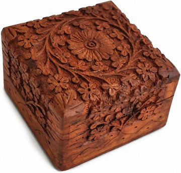 Wooden Hand Carved Jewelry Box Keepsake Treasure Chest Organizer