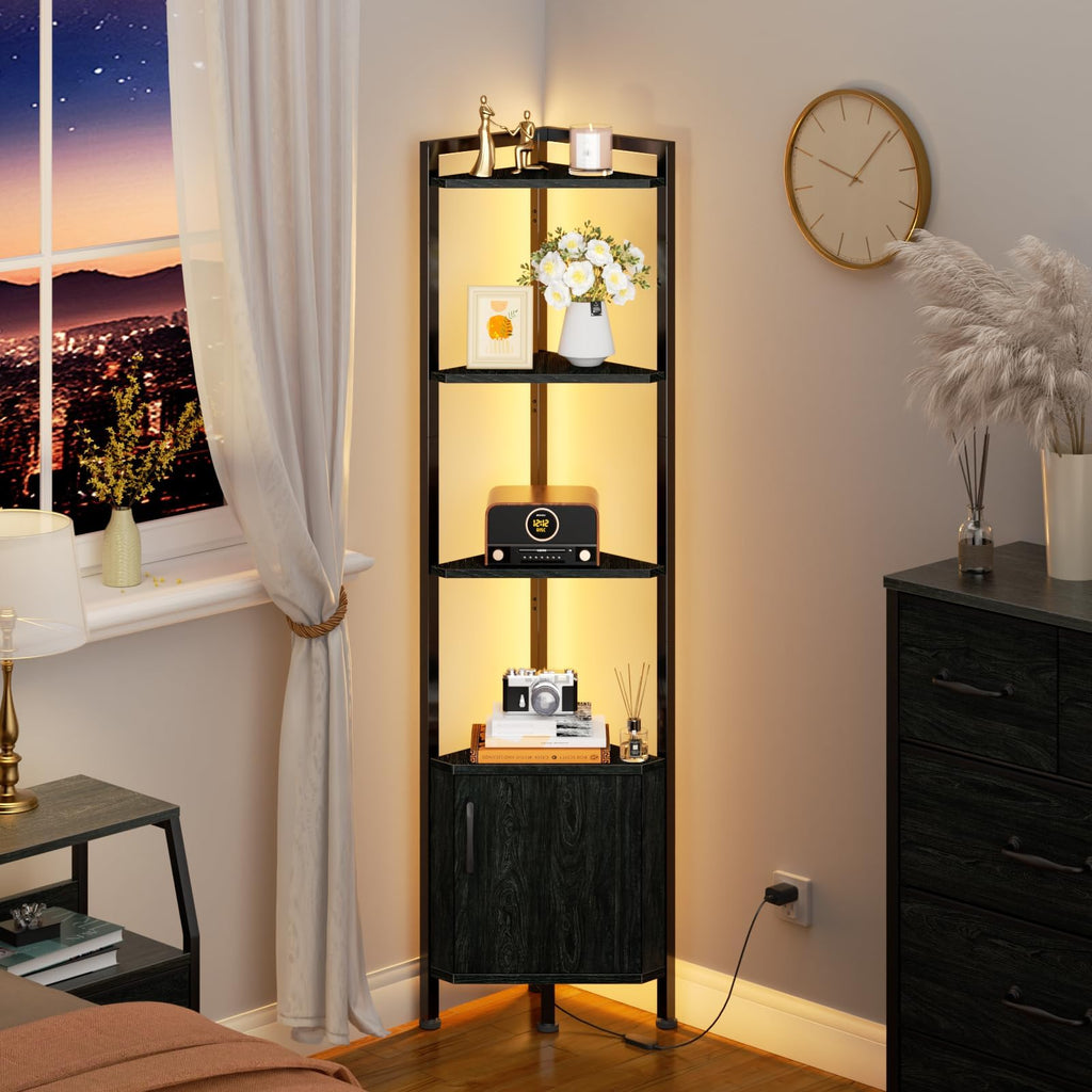 5-Tier Corner Shelf with LED Light, Black Corner Cabinet with Doors