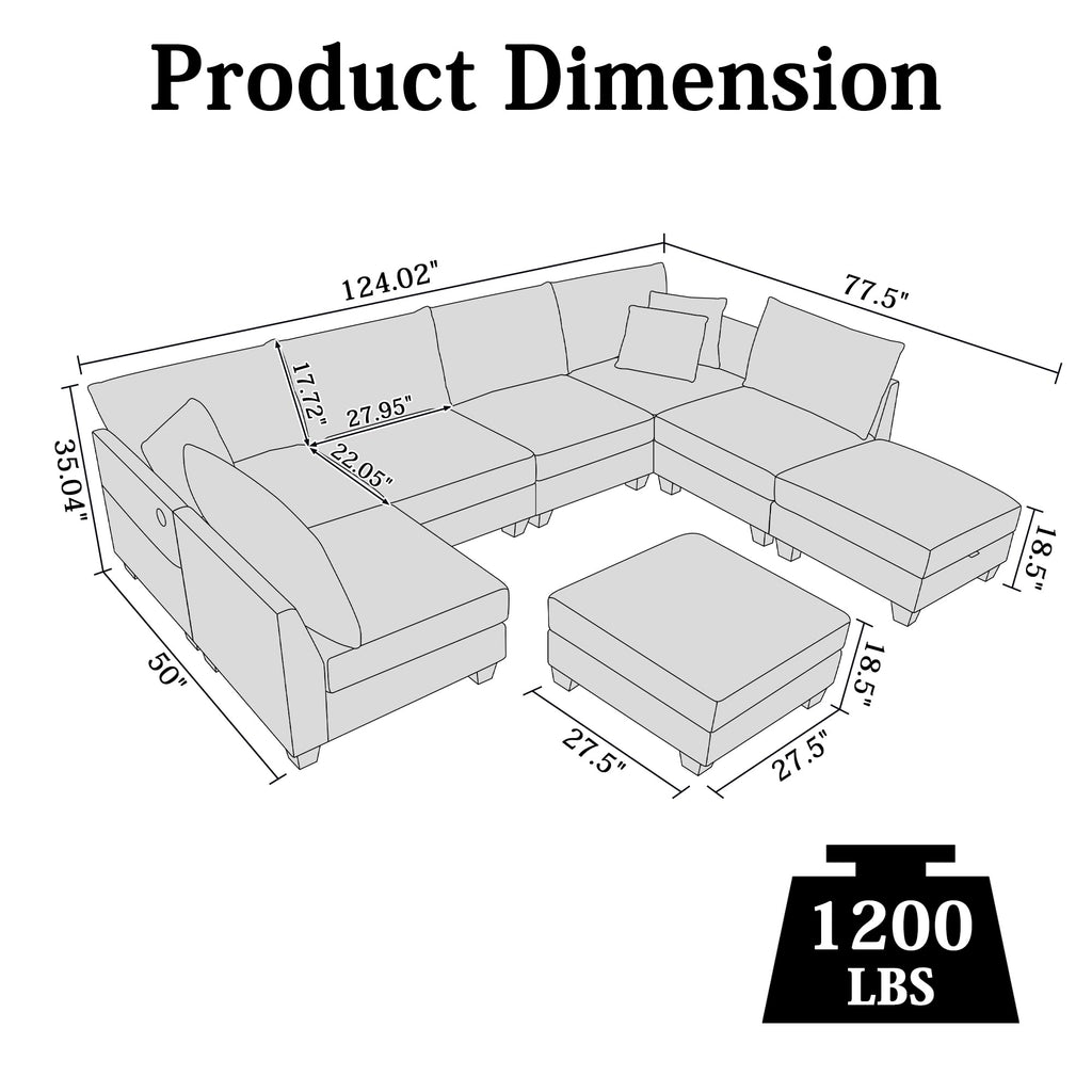 124" U-Shaped 8 Seater Sectional Couches with Storage Ottoman, Black