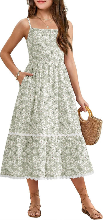Girls Spaghetti Strap Dress Tiered Cami Maxi Sundress with Pockets