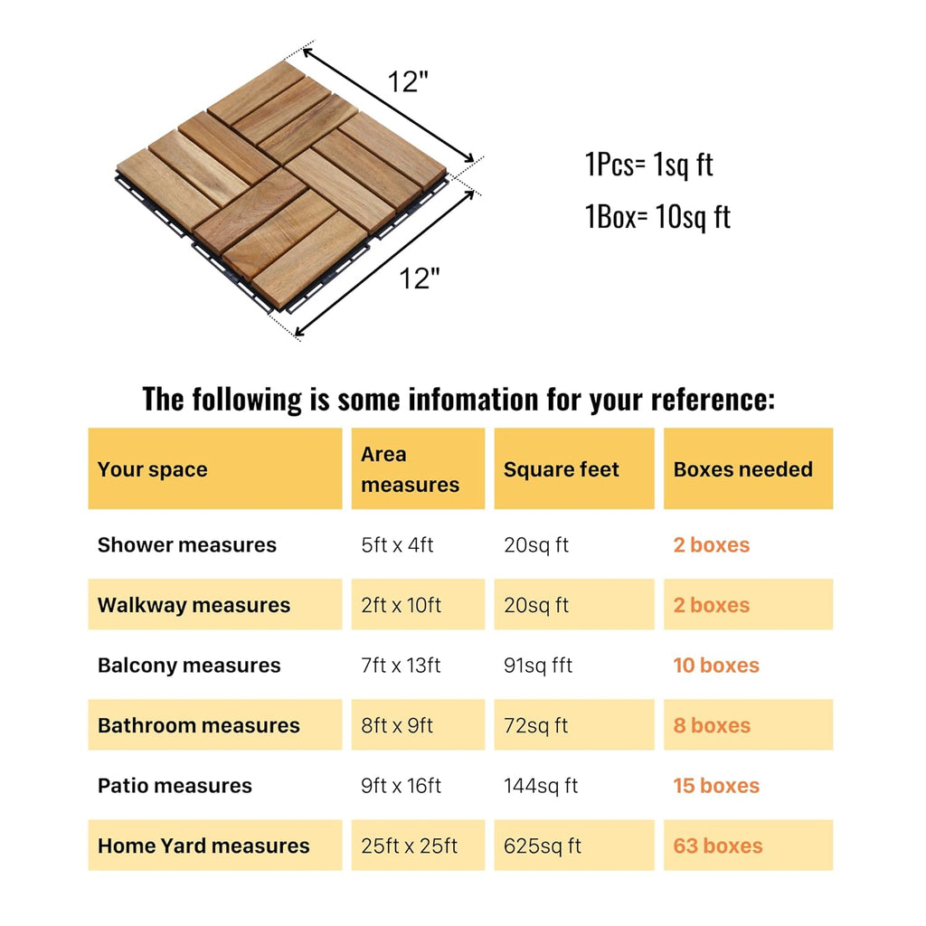 10 Pcs Outdoor Interlocking Deck Tiles, 12"x12" Acacia Wood Tiles for Patio, Porch, Balcony & Poolside, Checker