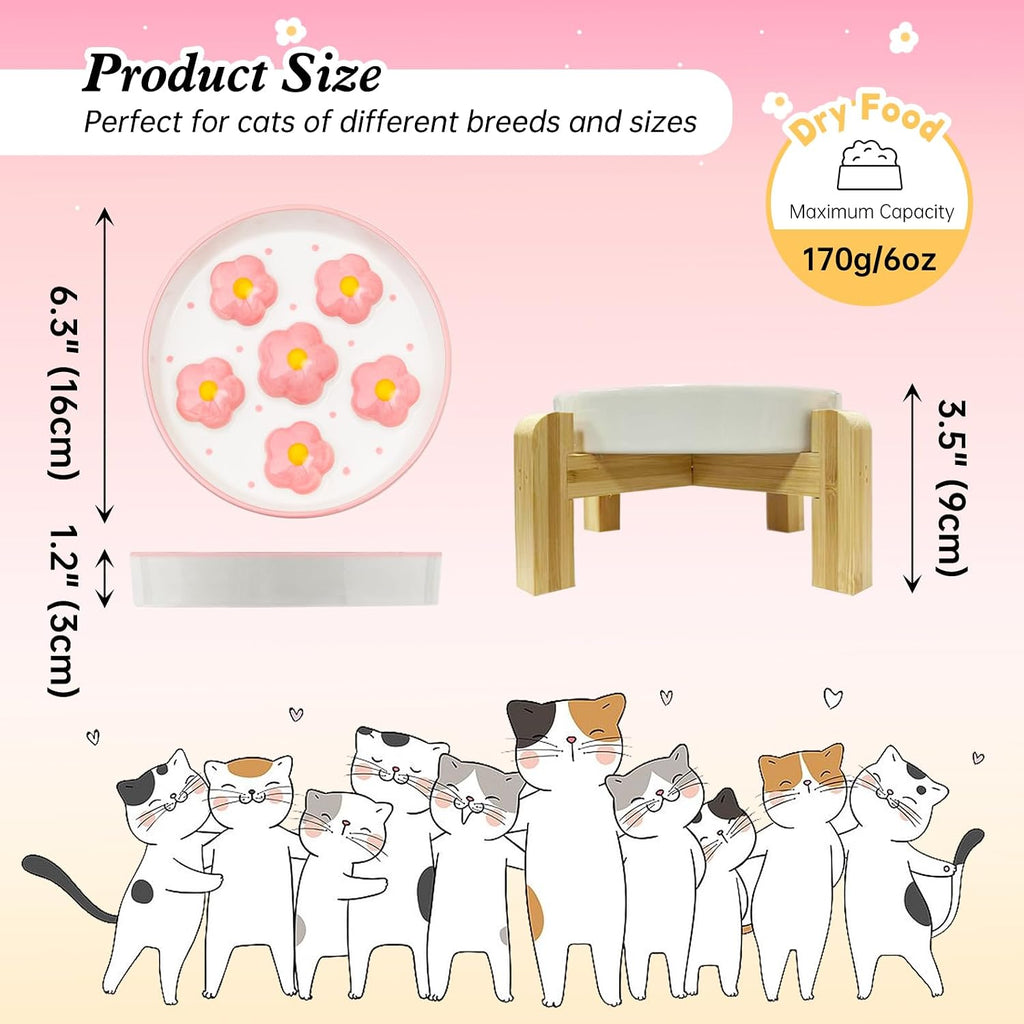 Elevated Ceramic Slow Feeder Cat Bowl with Anti-Slip Bamboo Stand