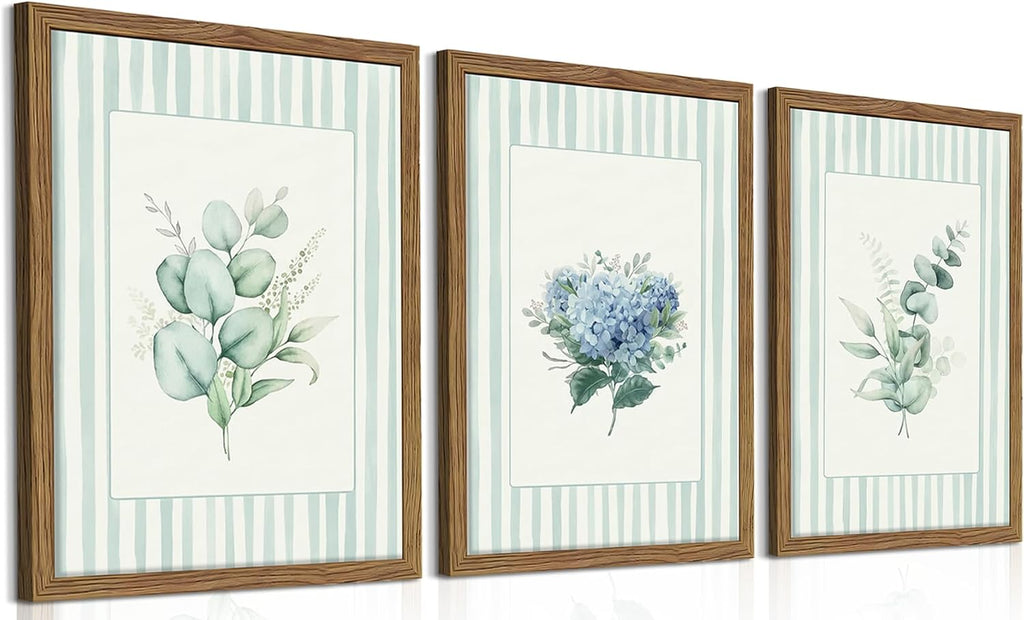 Framed Watercolor Flower Canvas Wall Art Set of 3, Eucalyptus Hydrangea and Green Plant Prints, Fresh Botanical