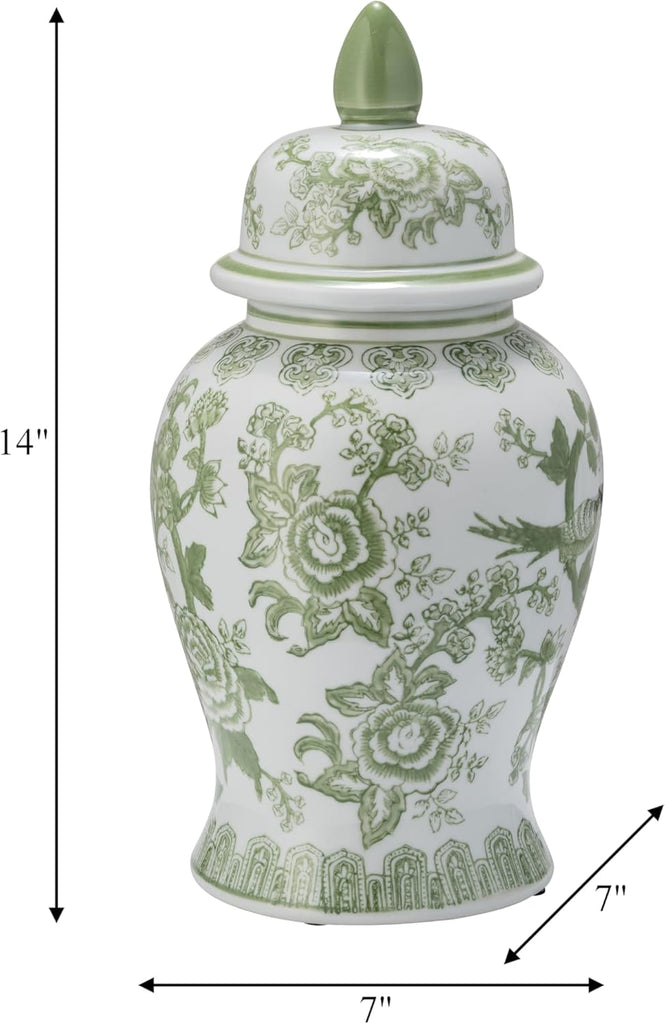 Temple Decorative Jar with Lid - Chinoiserie Ceramic Decorative Stoneware Decor - Modern Centerpiece - 14.25", Green
