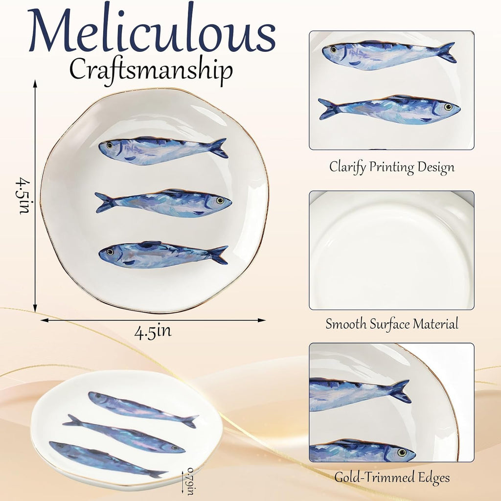 Sardines Ceramic Jewelry Tray with Gold Rim Small Decorative Trinket Dish Ocean Fish Key Tray for Rings Earrings