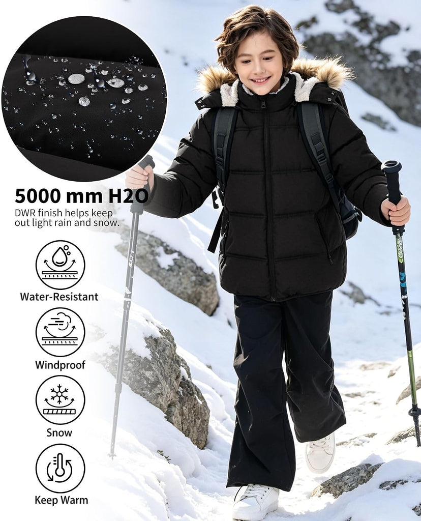 Boy's Girl's Winter Coat Puffer Sherpa Warm Jacket with Detachable Fur Hood