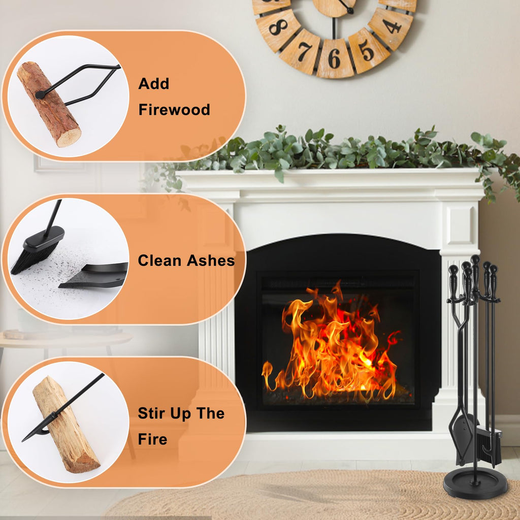 Fireplace Tools Set 5 Pcs 30.5 Inch Black Wrought Iron Large Fire Place Tool Set Indoor/Outdoor Include Poker
