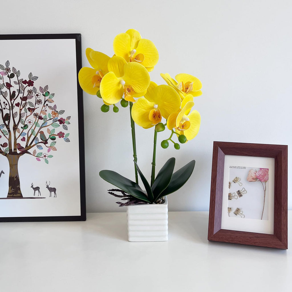 Artificial Orchids Decor Indoor with Vase Orchids Artificial Flowers Yellow Orchid Height 14 inches